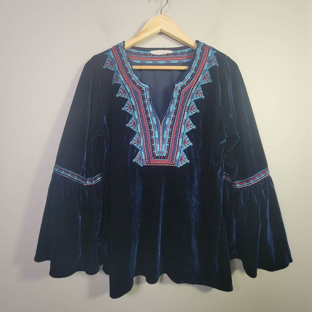 Salitaire M Velour Velvet Embroidered Flare Sleeve Top Blouse Navy